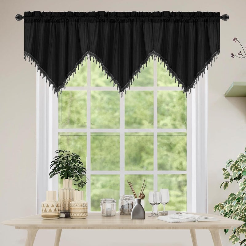 Molaxhome Valance Swag Curtain 51 Inch Scalloped Cloth Curtain Panels with Crystal Beads - Rod Pocket Farmhouse Window Treatment for Kitchen Bedroom 1pc Boho Chic Drape Decor 021Black - Image 1